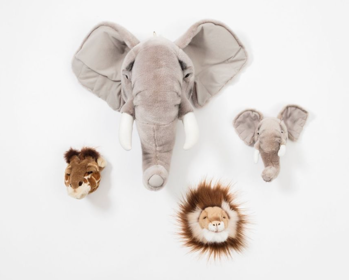 Safari box: set of 3 small heads (elephant/lion/giraffe) w/box